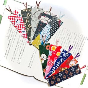 #130 手作り布製しおり 文庫本用小さめ 落ち着いた和柄&綺麗な和柄12枚セット 招き猫 とんぼ 花柄