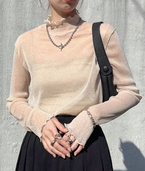 ゆったり メッシュ 透け素材 トップス 白 ラメ 長袖カットソー トップス 長袖 長袖カットソー オフホワイト