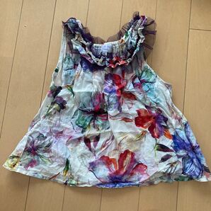 ANNA SUI mini ノースリーブトップス 花柄 チュール フリル 80-90cm