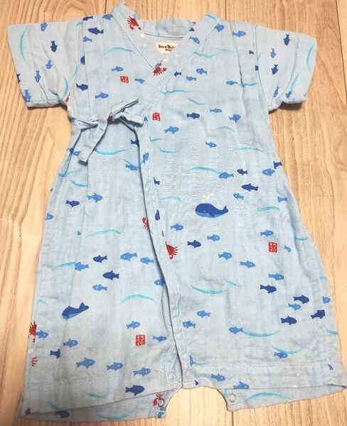ミキハウス ベビー甚平 美品 ロンパース60〜 70 水色 HotBiscuits