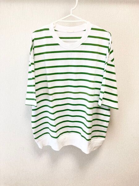 GUボーダーtシャツ グリーン×ホワイト Lサイズ 未使用 ゆったり 綿100% 半袖〜五分袖