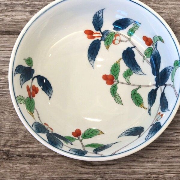【美品】葉と赤い実の丼 有田焼 其泉窯 染錦あおき盛鉢