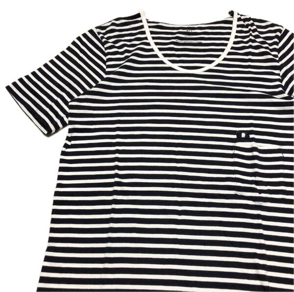 【美品】VALLIS by FACTOTUM ファクトタム Uネックカットソー ボーダー ポケットTシャツ 日本製 M 半袖 白黒