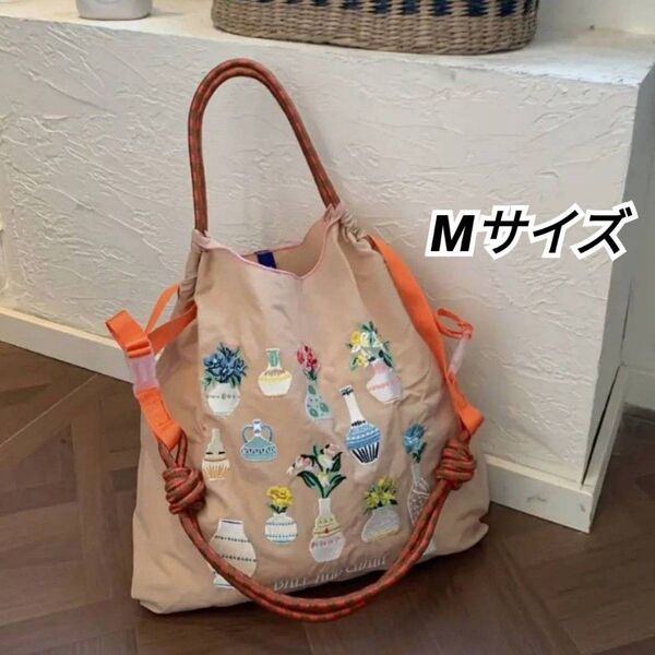 花柄 花瓶 刺繍 トートバッグ エコバッグ Mサイズ ショルダーストラップ付 ベージュ Various Vase ②