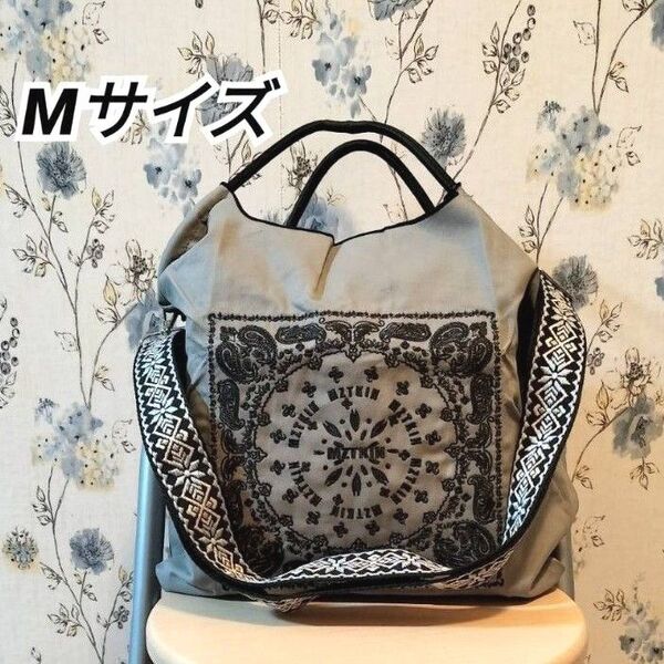 MZTKIN ペイズリー刺繍 トートバッグ エコバッグ Mサイズ グレー 刺繍ショルダーストラップ付