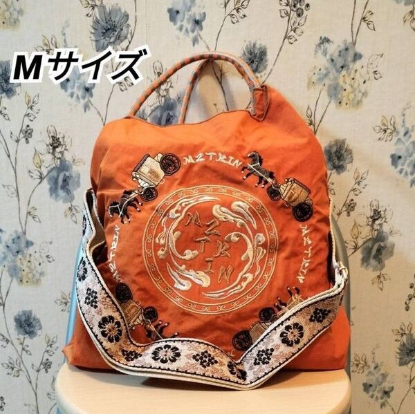 MZTKIN トートバッグ エコバッグ オレンジ Mサイズ 馬車 刺繍