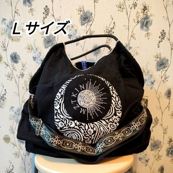 MZTKIN トートバッグ エコバッグ 2way クレセレントムーン 刺繍 Lサイズ ブラック 大容量