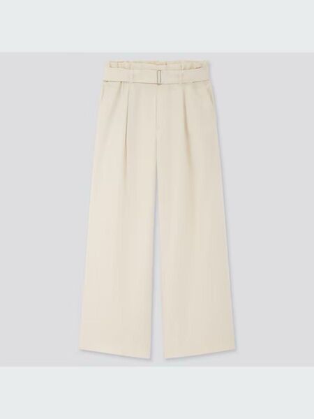 UNIQLO ユニクロ ベルテッドリネンレーヨンワイドパンツ ベルト付 麻パンツ M ワイドパンツ タックパンツ 生成り ホワイト