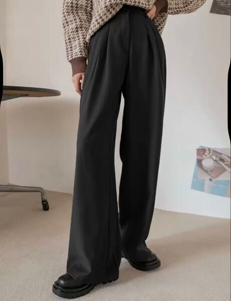 タックワイドスラックス ワイドパンツ ワイドスラックス タックパンツ M シンプル 定番 ブラック 黒