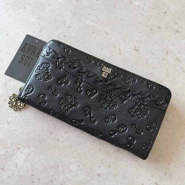 【未使用級】アナスイ ANNA SUI 長財布 ダリア ラウンドファスナー 黒 バタフライ チャーム