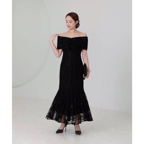 Leja 2WAYレース オフショル スパンコール マーメイド ワンピース 結婚式 ドレス パーティ ブラック