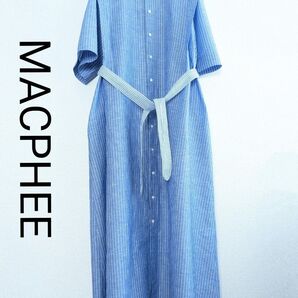 【良品】MACPHEE リネン混ストライプ シャツワンピース サックス