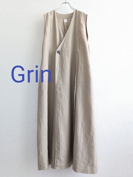 【良品】Grin リネン100 タックフレアー ロングジレ日本製 ベージュ