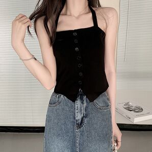 ホルターネック キャミソール ニット レディースファッション 洋服 ブラック 黒色