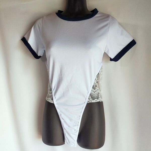 体操着風ボディスーツ レース 白 Mサイズ コスプレ衣装 セクシー 体操服