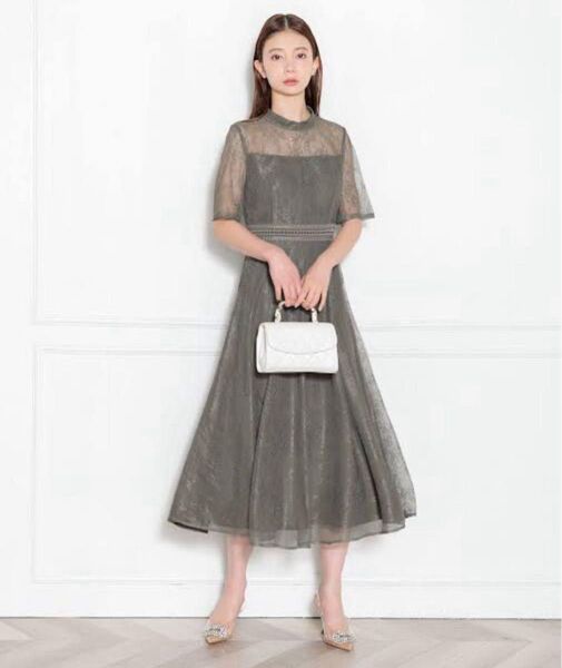 Leja ハイネック花柄レースウエストマーク透けロングワンピースドレス Lサイズ