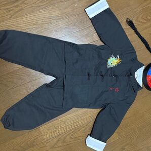 キッズチャイナ仮装セット、キッズチャイナ子供服上下、三つ編みロング髪のついたキッズチャイナ帽子 サイズ100