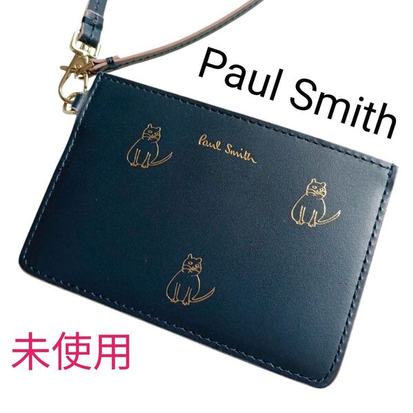 未使用 ポールスミス Paul Smith ドゥードゥル パスケース 定期入れ レザー ネイビー ピンク 猫 ゴールド イラスト