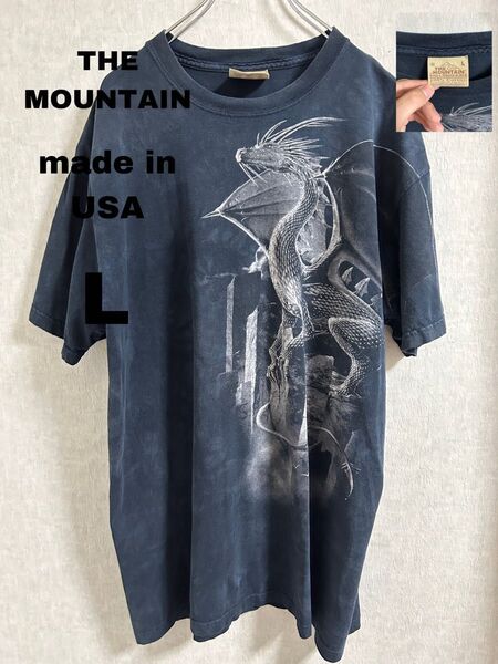 90s THE MOUNTAIN Tシャツ ドラゴン Y2K アニマル柄 黒 L アメリカ古着 半袖 タイダイ コットン