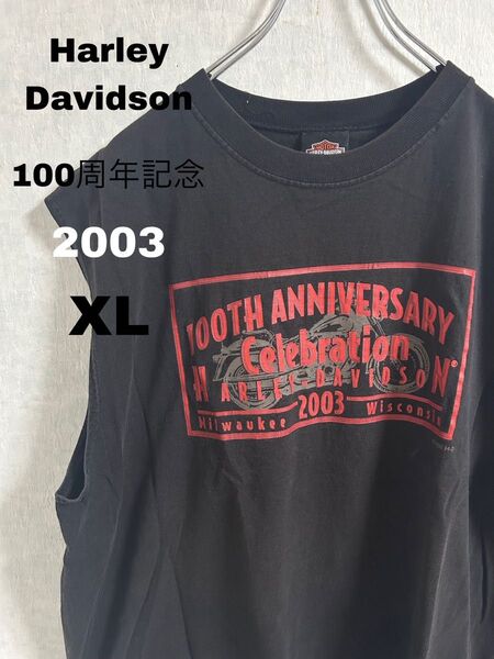 00's USA製 ハーレーダビッドソン 100周年記念 タンクトップ モーターサイクル バイク ノースリーブ XL 黒