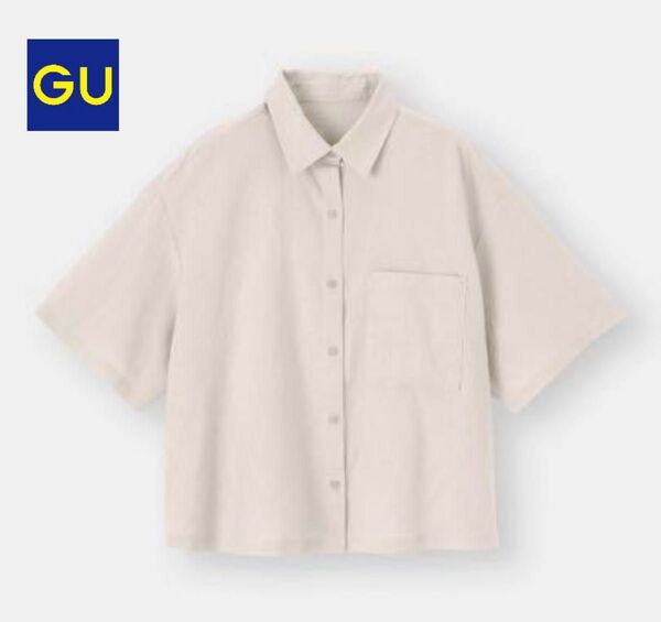 【美品】GU リネンブレンドオーバーサイズシャツ 5分袖 幅広 ショート丈 麻 シャツ ブラウス ベージュ 体型カバー