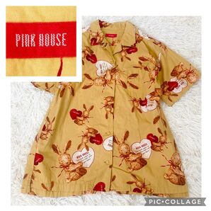 ピンクハウス PINK HOUSE シャツ ブラウス うさぎ ぬいぐるみ マスタード 黄色 前明き 半袖 M フリーサイズ