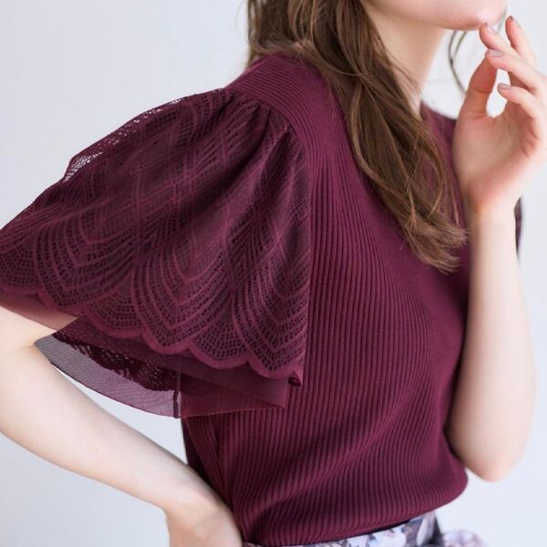 【couture brooch】【二の腕カバー・通勤】レース袖テレコトップス