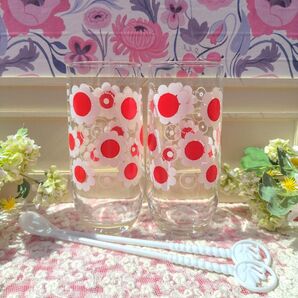 アデリア 昭和 レトロ ポップ 花まわし グラス&マドラースプーン 2個セット 石塚硝子 花柄 ドリンクグラス ガラス コップ