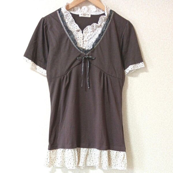 【未着用】 トップス (M〜L) 可愛い 半袖 花柄 ブラウン レース リボン カットソー レディース ファッション