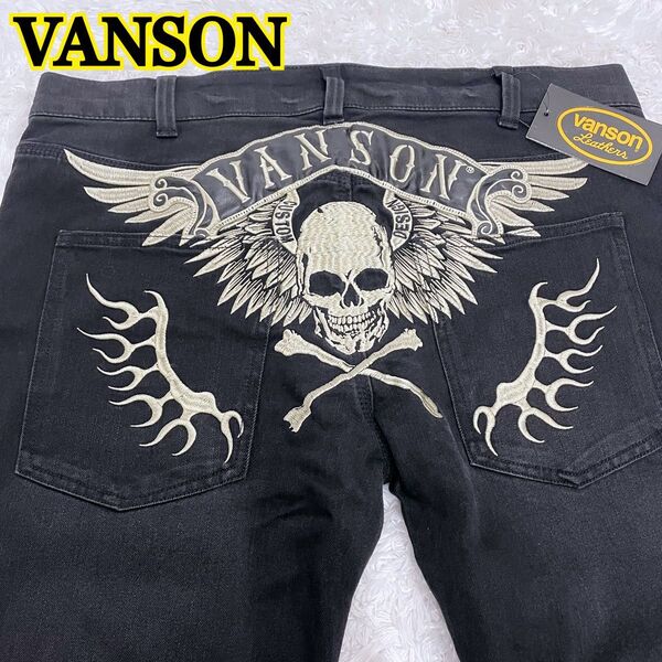 VANSON バンソン ジーンズ ブラック W38 タグ付き デニム パンツ デニムパンツ スカル ボトムス ロゴワッペン 3L