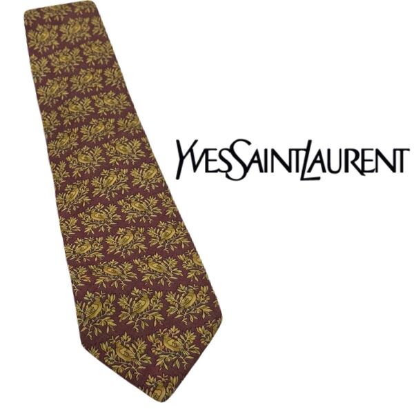【YSL】イヴサンローラン ネクタイ 鳥×植物柄 シルク ワインレッド