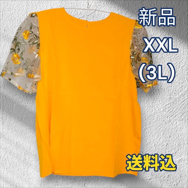 シアー袖 3L 2XL XXL 黄色 Tシャツ 半袖 カットソー レース 大きいサイズ プラスサイズ ブラウス