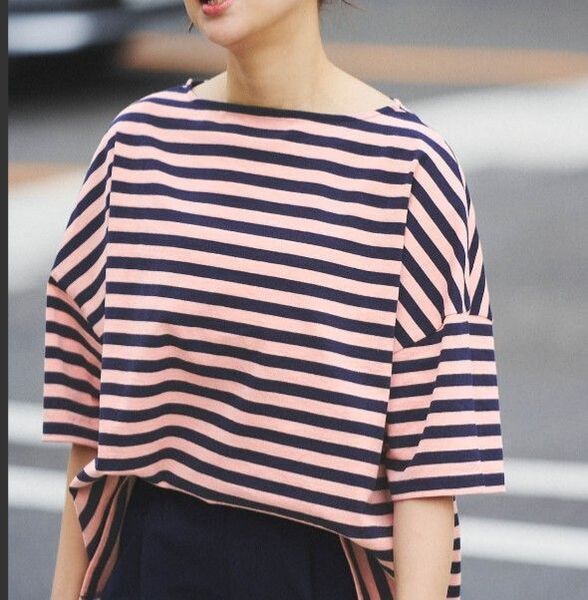 チャコクローゼット ピンク×ネイビー ボーダー 5分袖Tシャツ