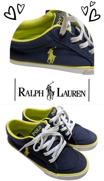 週末値下げ★POLO RALPH LAUREN スニーカー ネイビー /ライムグリーン 22.7 海外ラルフローレン購入正規品