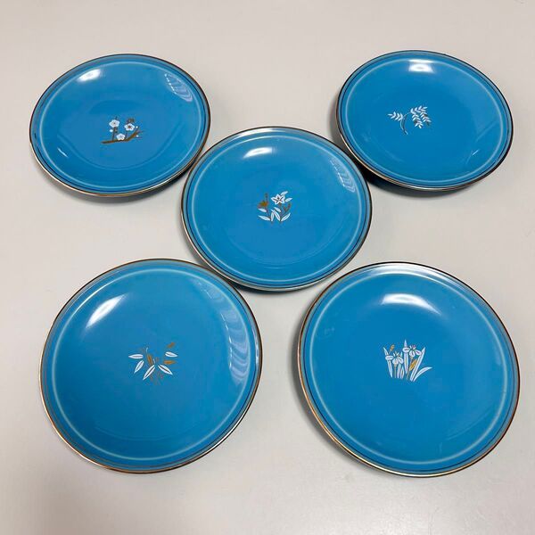 新品 たち吉 平皿 銘々皿 5枚 ブルー 花柄 金縁 小皿 プレート
