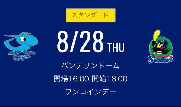 8月28日(木) 中日ドラゴンズvs東京ヤクルトスワローズ 内野A 1席