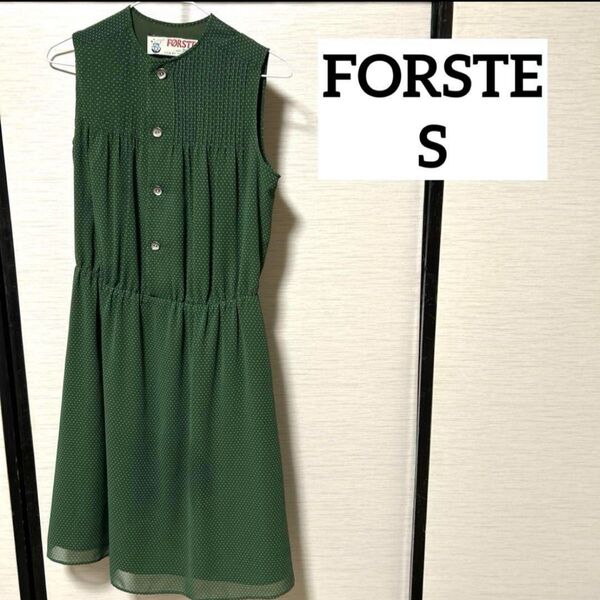 美品 ノースリーブ ひざ丈 ワンピース 緑 グリーン ドット 夏 レトロ フェアステ スカート 裏地付き かわいい 水玉 S