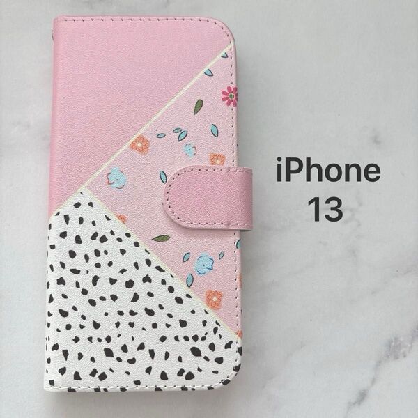 iPhone 13ケース 手帳型 かわいい ストラップ付き マグネット式 横置きスタンド機能付き カードポケット付 ピンク