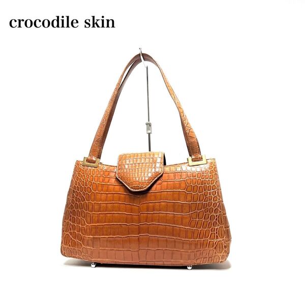 【美品】crocodile skin クロコダイルレザー ワニ革/マットクロコダイル センター取り /キャメル系色/ハンドバッグ