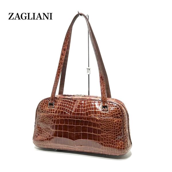 【美品】 ZAGLIANI italy製/クロコダイルレザー ワニ革/シャイニングクロコ センター取り/ハンドバッグ 肩掛け可