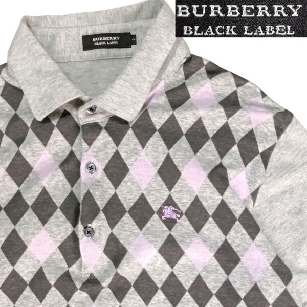 BURBERRY BLACK LABEL バーバリーブラックレーベル アーガイル柄 半袖 ポロシャツ ワンポイント ホースロゴ刺繍