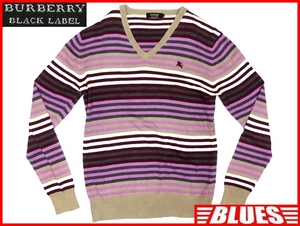 即決★BURBERRY BLACK LABEL★メンズM 廃版 セーター Vネック バーバリーブラックレーベル 2 茶 ボーダー 三陽商会正規 ナイト刺繍 長袖