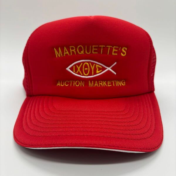 90s ヴィンテージ NISSUN Marquette's オークション企業物 魚刺繍ロゴ トラッカーキャップ スナップバック