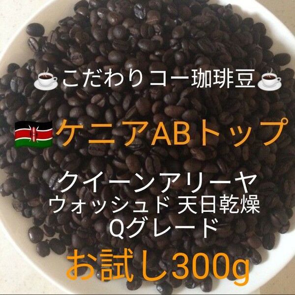 こだわり珈琲豆 ケニアABトップ クイーンアリーヤ お試し300g 自家焙煎珈琲 中深煎り Qグレード ウォッシュド 天日乾燥