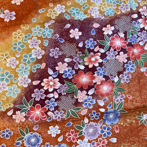 和柄 オレンジ系 桜花柄 松葉 ゴールドラメ 113×100 綿サテン 生地ハギレ