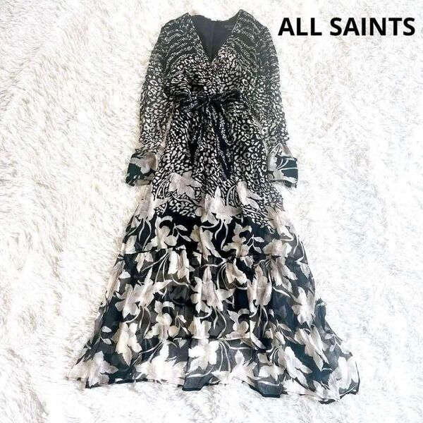 *美品【ALL SAINTS オールセインツ】ワンピース カシュクール リボン フラワー US2 シフォン ロング 長袖 シアー