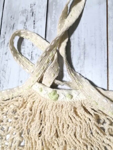 ネットバッグ メッシュバッグ マルシェバッグ ショッピングバッグ 生成り 綿 ハンドメイド 刺繍