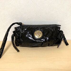 グッチ GUCCI ポーチ クラッチ バッグ パテント レザー ヒステリア クレスト リストレット エナメル ストラップ 黒