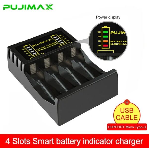 4本 AA/AAA 単3 単4 充電器 短絡保護 インテリジェント コンパクト充電器