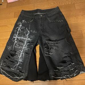 イッテンモノリメイクデニム #REBORN sk8 y2k グランジ opium ハーフデニム デニムパンツ リメイクデニム